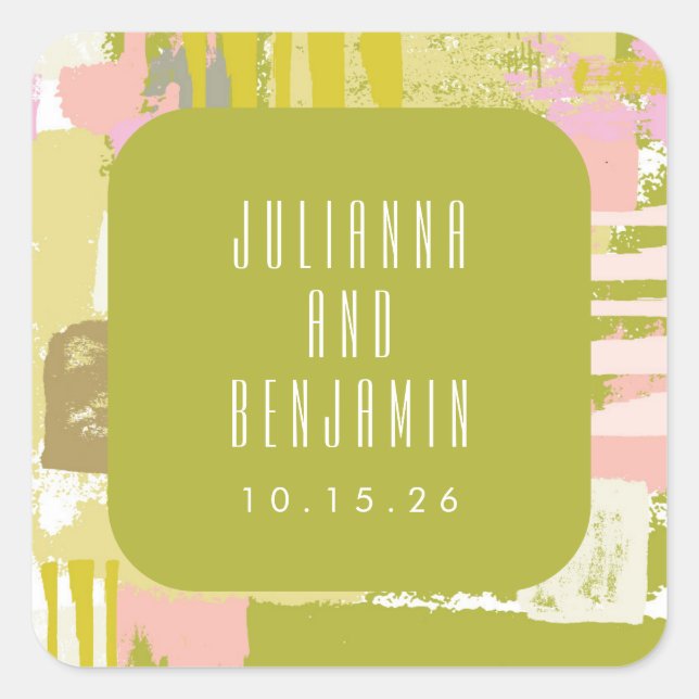 Pegatina Cuadrada Resumen moderno Art Lime Green Boda Personalizado (Anverso)