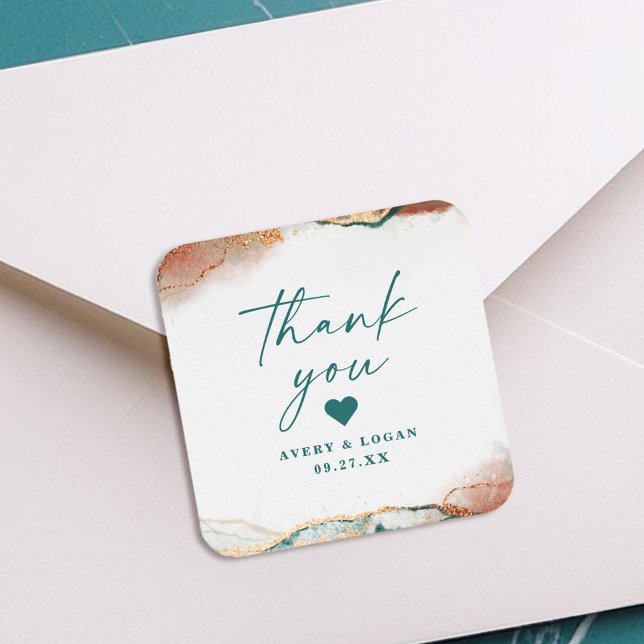 Pegatina Cuadrada Resumen moderno Verde azulado y Boda de cobre Grac (Modern teal and copper wedding thank you sticker with abstract design.)