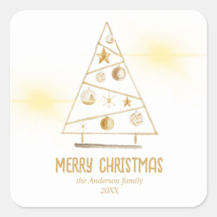 Pegatina Cuadrada Resumen Ornamentos de oro Árbol Feliz Navidad