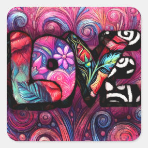 Pegatina Cuadrada Resumen Palabra de amor Graffiti Valentine Floral