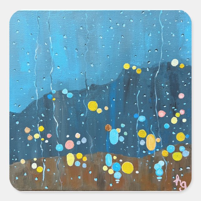 Pegatina Cuadrada Resumen Pintura de lluvia (Anverso)