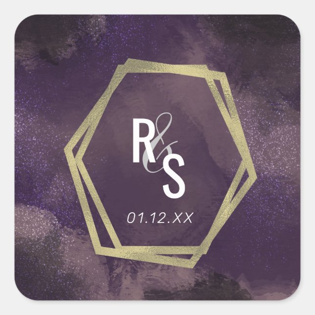 Pegatina Cuadrada Resumen Purple Faux Gold Splash Suite Boda (Anverso)