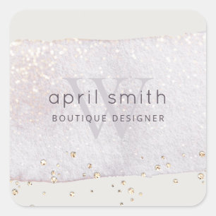 Pegatina Cuadrada Resumen Purpurina Monograma del cepillo de lino pú