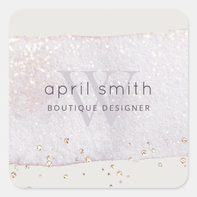 Pegatina Cuadrada Resumen Purpurina Monograma del cepillo de lino pú (Anverso)