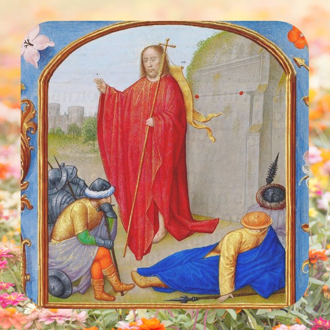 Pegatina Cuadrada Resurrección medieval cristiana de Pascua Jesús (Religious Christian Catholic Medieval Resurrection of Jesus Christ is Risen Easter Square Sticker)