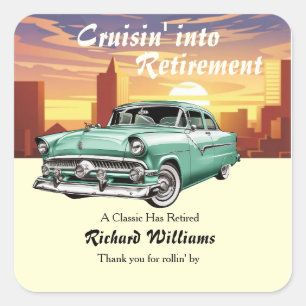 Pegatina Cuadrada Retirement Cruising Classic Retro Car City Fiesta
