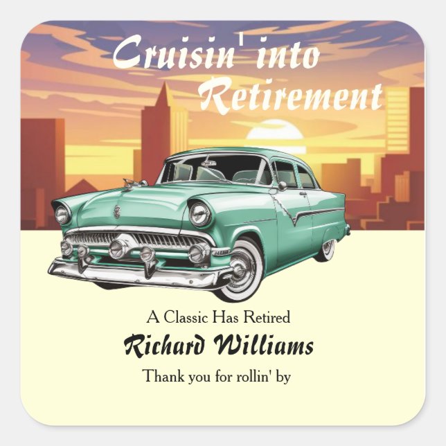Pegatina Cuadrada Retirement Cruising Classic Retro Car City Fiesta (Anverso)