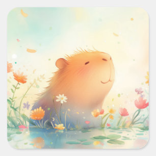Pegatina Cuadrada Retiro de estanques de flores de Capibara