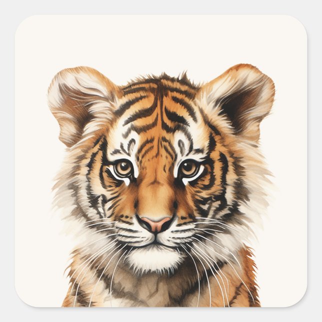 Pegatina Cuadrada Retrato acuarela de un pequeño tigre (Anverso)