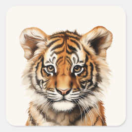 Pegatina Cuadrada Retrato acuarela de un pequeño tigre