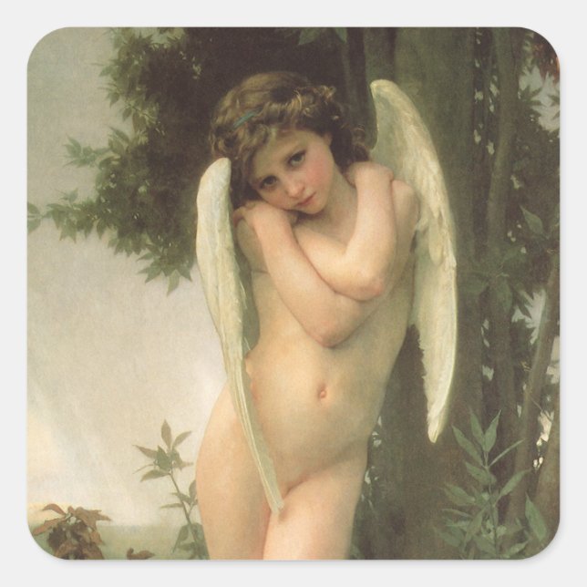 Pegatina Cuadrada Retrato Ángel Cupido (Cupidón) por Bouguereau (Anverso)