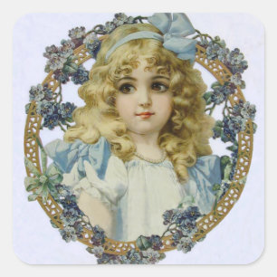 Pegatina Cuadrada Retrato Antiguo de una Niña Pequeña Hermosa