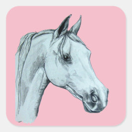 Pegatina Cuadrada Retrato árabe de lápiz de caballo sobre fondo rosa
