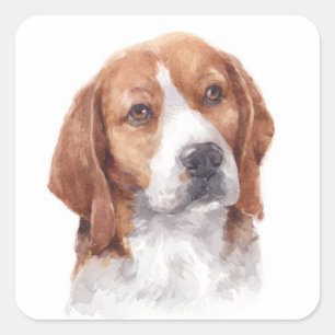 Pegatina Cuadrada Retrato de acuarela de adorable Beagle para mamá y