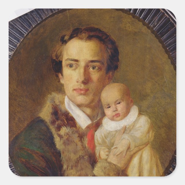 Pegatina Cuadrada Retrato de Alexander Herzen con su hijo, 1840 (Anverso)