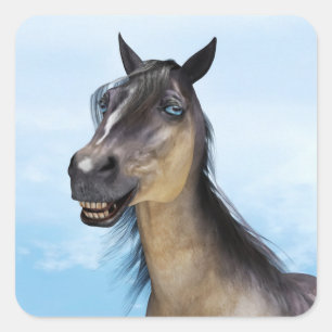 Pegatina Cuadrada Retrato de Arte de Caballo con Sonrisa Divertida