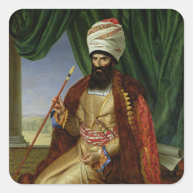 Pegatina Cuadrada Retrato de Asker-Khan, Embajador de Persia (Anverso)