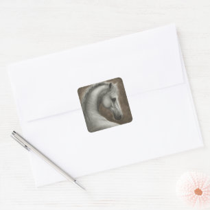 Pegatina Cuadrada Retrato de caballo blanco pintado a mano