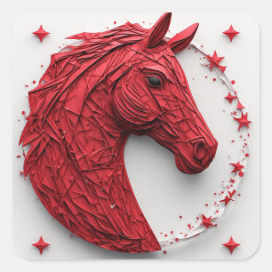 Pegatina Cuadrada Retrato de caballo geométrico en rojo y blanco vib
