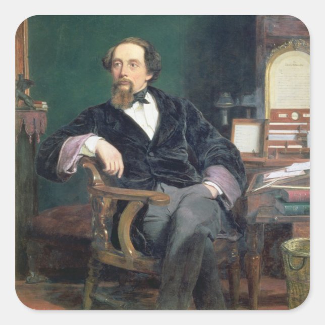 Pegatina Cuadrada Retrato de Charles Dickens (aceite sobre lienzo) (Anverso)