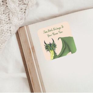 Pegatina Cuadrada Retrato de dragón verde lindo ex libris de fantasí