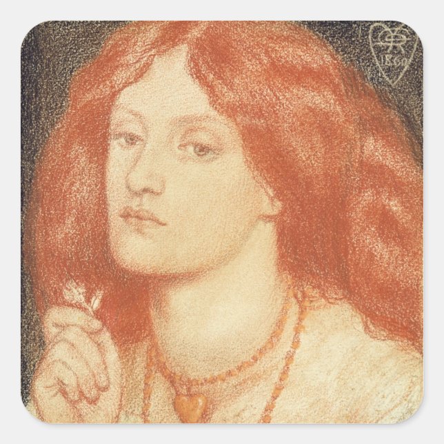 Pegatina Cuadrada Retrato de Elizabeth Siddal (1834-62), 1860 (rojo) (Anverso)