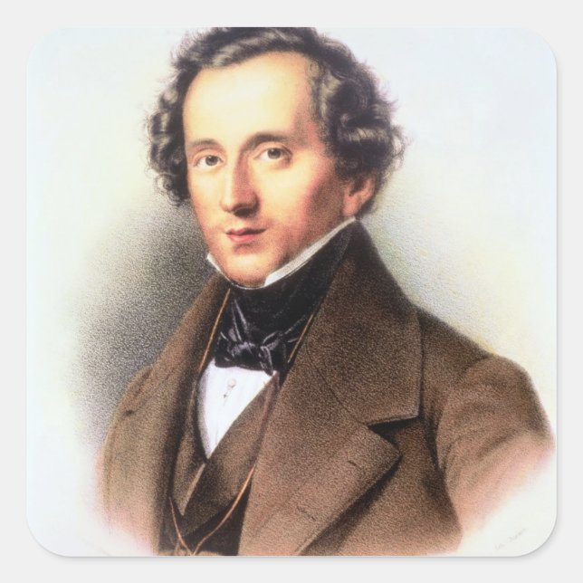 Pegatina Cuadrada Retrato de Felix Mendelssohn (1809-47) (litho) (Anverso)