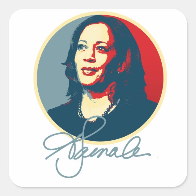 Pegatina Cuadrada Retrato de firma Kamala Harris (Anverso)