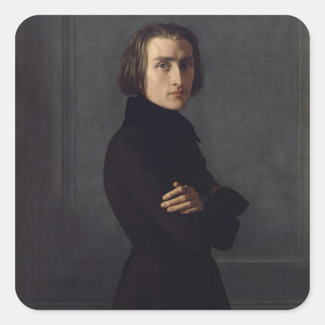 Pegatina Cuadrada Retrato de Franz Liszt 1839 (Anverso)