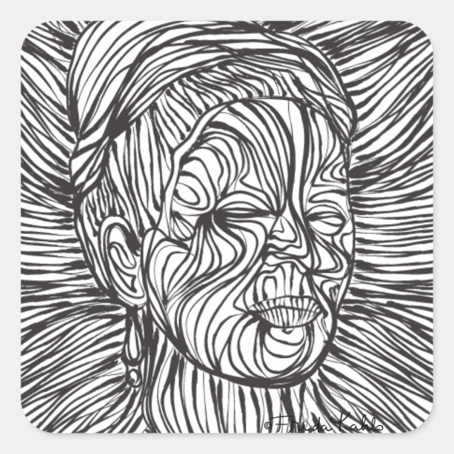 Pegatina Cuadrada Retrato de Frida Kahlo Lines (Anverso)