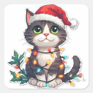 Pegatina Cuadrada Retrato de gatito lindo de Navidad con sombrero de