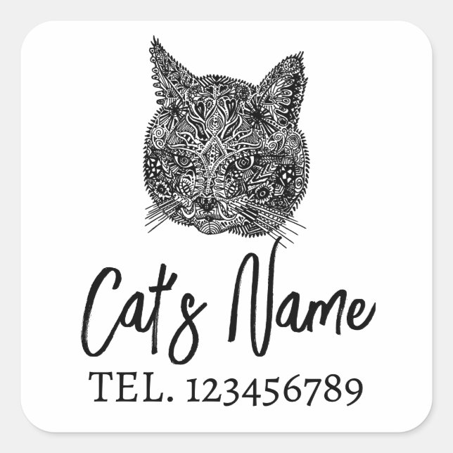 Pegatina Cuadrada Retrato de gato ornamental blanco y negro (Anverso)