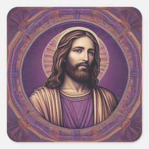 Pegatina Cuadrada Retrato de Jesús en tono púrpura psicodélico