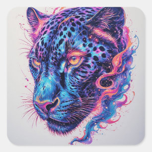 Pegatina Cuadrada Retrato de leopardo cósmico con efecto místico