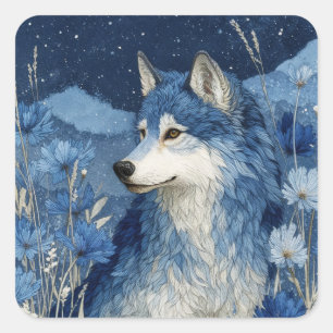 Pegatina Cuadrada Retrato de Lobo Azul Bajo Cielo Nocturno Estrellad
