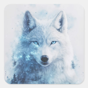 Pegatina Cuadrada Retrato de lobo blanco con ojos azules penetrantes