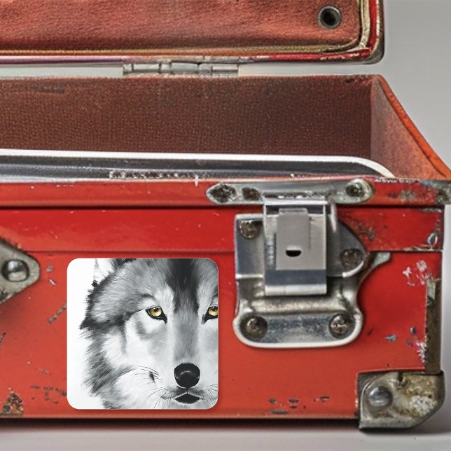 Pegatina Cuadrada Retrato de lobo blanco negro (Subido por el creador)