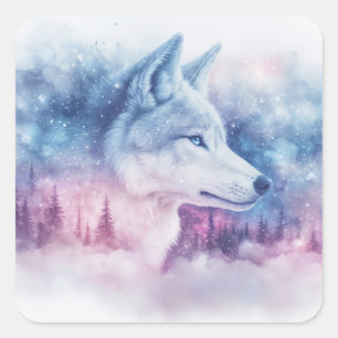 Pegatina Cuadrada Retrato de lobo con nebulosa rosa y púrpura