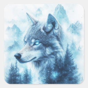 Pegatina Cuadrada Retrato de lobo con ojos azules brillantes