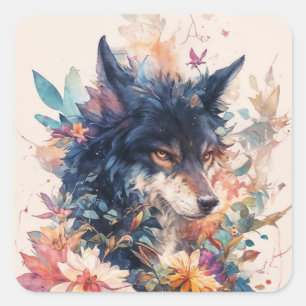Pegatina Cuadrada Retrato de Lobo Negro con Hojas de Otoño