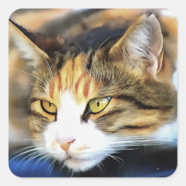 Pegatina Cuadrada Retrato de Mascota realista de gato de calico amar