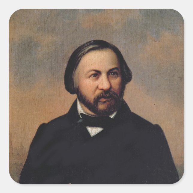 Pegatina Cuadrada Retrato de Mikhail Ivanovich Glinka, años 1850 (Anverso)