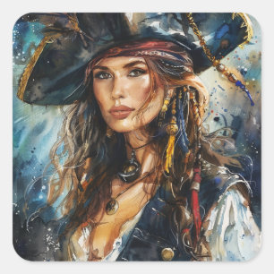 Pegatina Cuadrada Retrato de mujer pirata en acuarela
