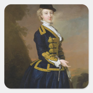 Pegatina Cuadrada Retrato de Nancy Fortesque que lleva un ri azul