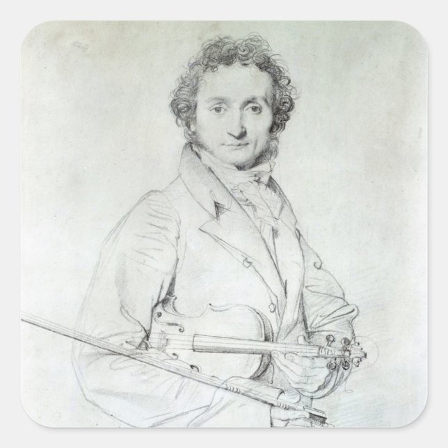 Pegatina Cuadrada Retrato de Niccolo Paganini 1819 (Anverso)