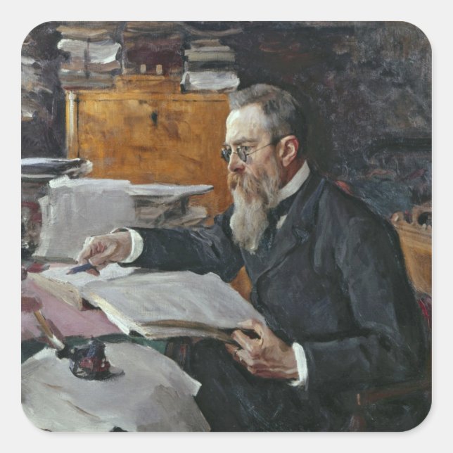 Pegatina Cuadrada Retrato de Nikolai Andreyevich Rimsky-Korsakov (Anverso)