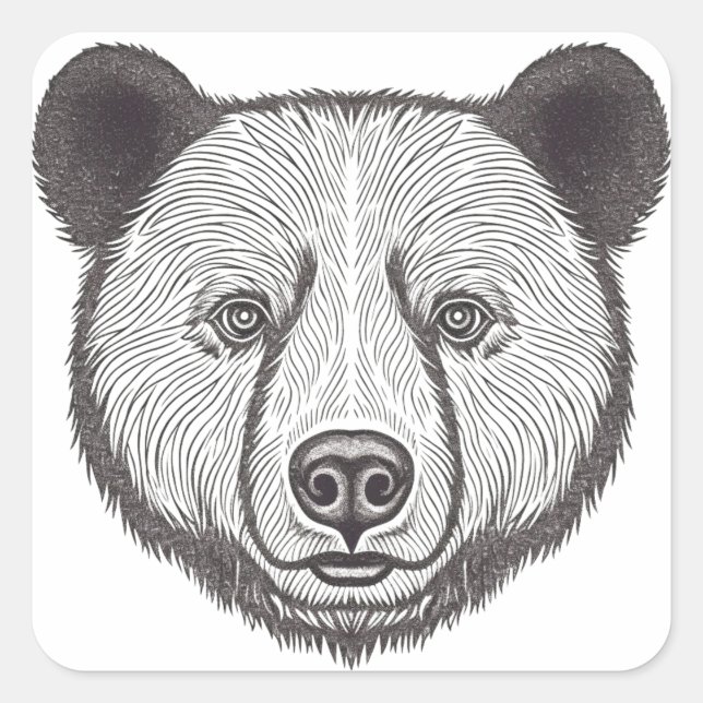 Pegatina Cuadrada Retrato de oso blanco y negro de arte esténcil (Anverso)