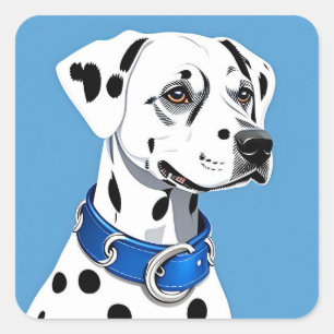 Pegatina Cuadrada Retrato de perro dálmata con collar azul