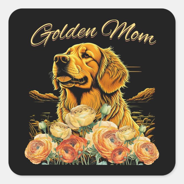 Pegatina Cuadrada Retrato de perro de Moda Floral Boho de Golden Ret (Anverso)