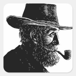 Pegatina Cuadrada Retrato de punto y línea: sabio anciano fumando un